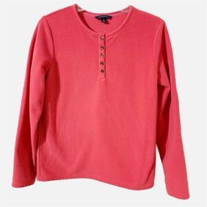 Lands’ End Fleece Long Sleeve Pullover Top Button Detail Rounded Neckline Soft